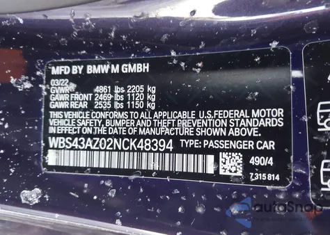 2022 BMW M4 Competition xDrive z USA, uszkodzony, nr VIN WBS43AZ02NCK48394